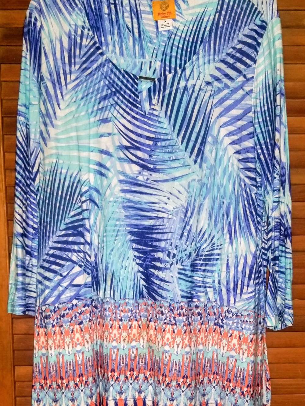 Ruby Rd. Blue & Aqua Palm-Print Blouse with Coral Border